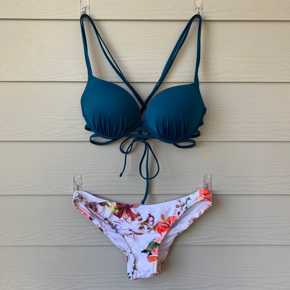 Blue Top with Floral Ruched Bottoms Bikini Set